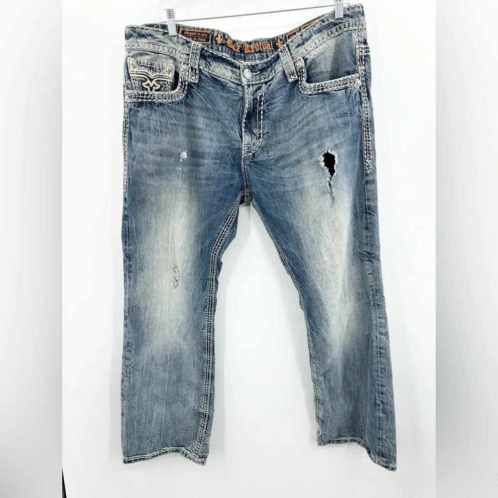 Rock Revival Men's Distressed Light Wash Igor Denim Bootcut Jeans Size 42 - Picture 1 of 6